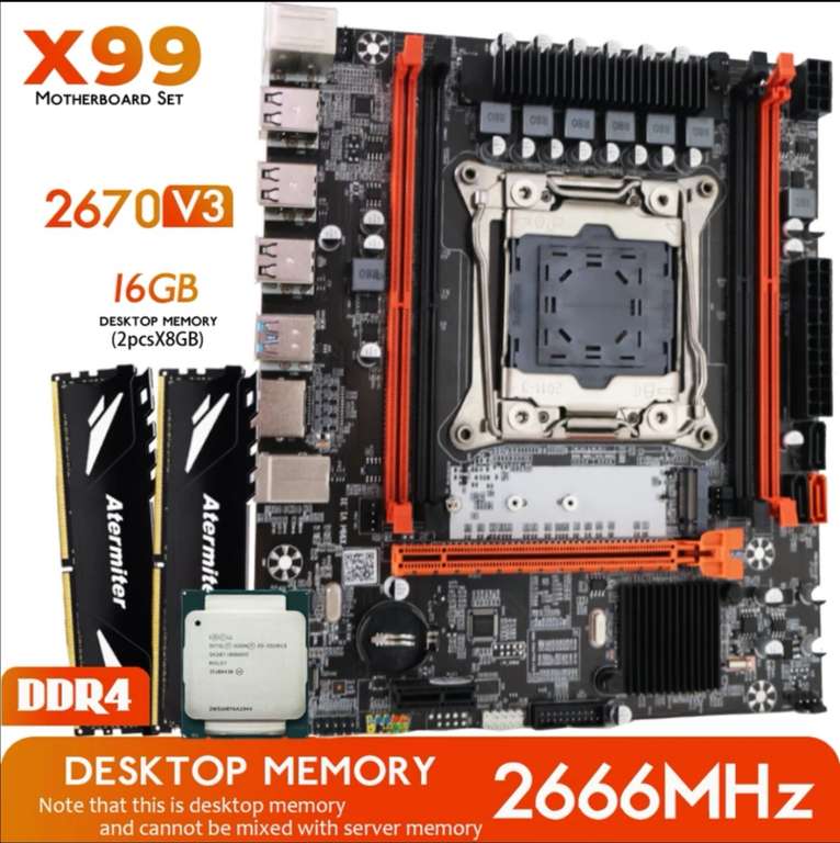 Комплект материнской платы Atermiter X99 D4 DDR4 с процессором Xeon E5 2670 V3 LGA2011-3, 2 шт. X 8 ГБ = 16 Гб 2666 МГц DDR4