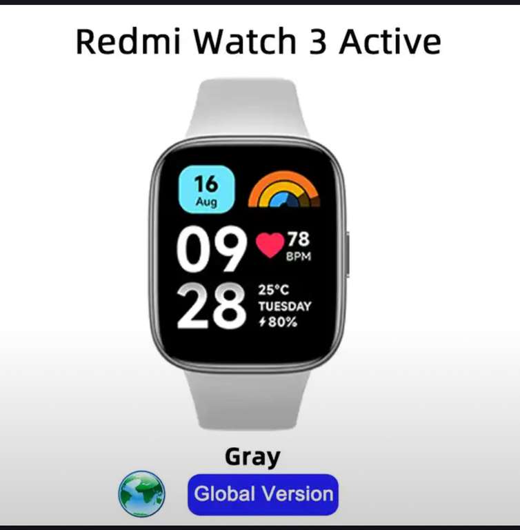 Часы Xiaomi Redmi Watch 3 active, серые, глобальная версия