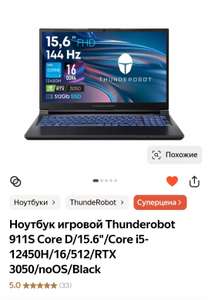 Ноутбук игровой Thunderobot 911S Core D/15.6"/Core i5-12450H/16/512/RTX 3050/noOS/Black