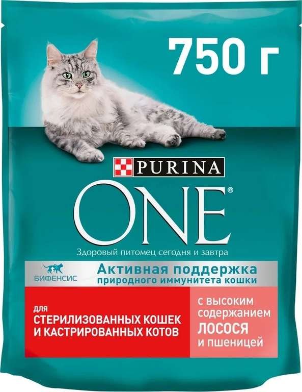 Сухой корм для кошек Purina ONE Sterilised, для стерилизованных кошек, с лососем и пшеницей, 750 г (при оплате Ozon Картой)