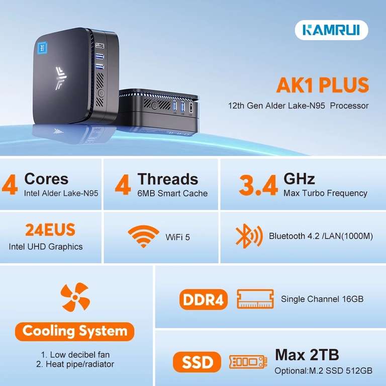 Мини ПК KAMRUI AK1 Plus (Intel N100, 16+512 ГБ), из РФ