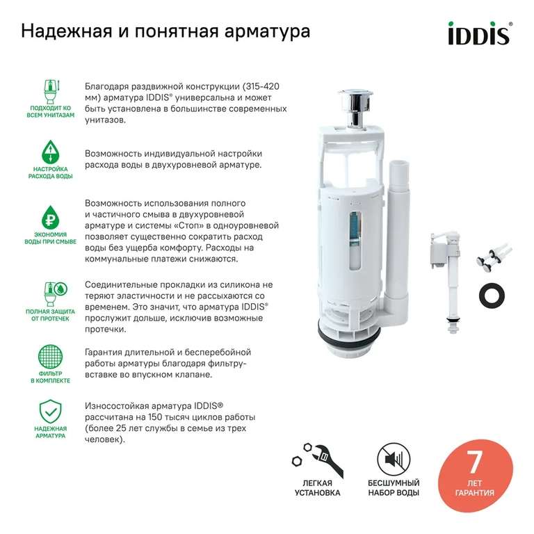 Арматура для бачка унитаза смывная универсальная IDDIS, 2 уровня (цена с ozon-картой)