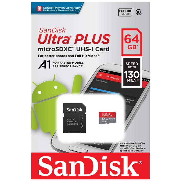 Карта памяти MicroSD SanDisk 64GB Ultra PLUS UHS-I 