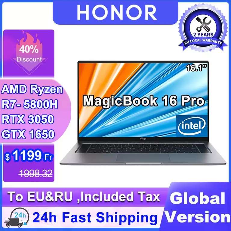 Ноутбук Huawei Honor MagicBook 16 Pro, 16,1 дюйма, AMD Ryzen R7 5800H RTX 3050, 16 ГБ, 512 Гб SSD, 144 Гц