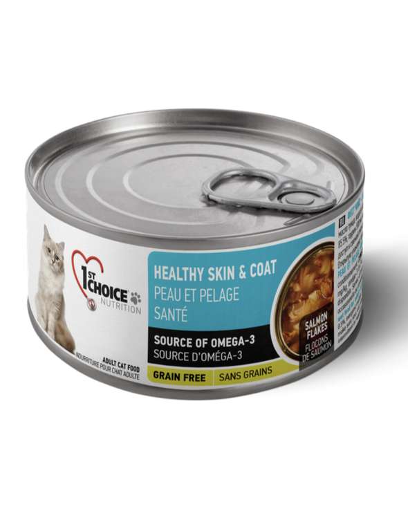 Влажный корм для кошек 1st Choice 24 шт. х 85 г Skin&Coat, беззерновой, для здоровья кожи и блеска шерсти, с лососем (кусочки в бульоне)