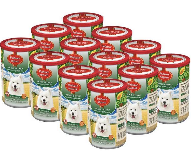 Консервы для собак Родные Корма мясные кусочки в соусе по-суздальски, 12 шт по 970 г