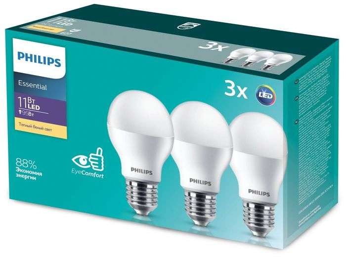 Упаковка светодиодных ламп 3 шт. Philips LED 3000K, E27, A55, 11Вт, 3000 К