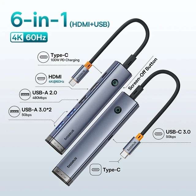 USB-концентратор Baseus 6-в-1, 5 Гбит/с, 4К@60Гц