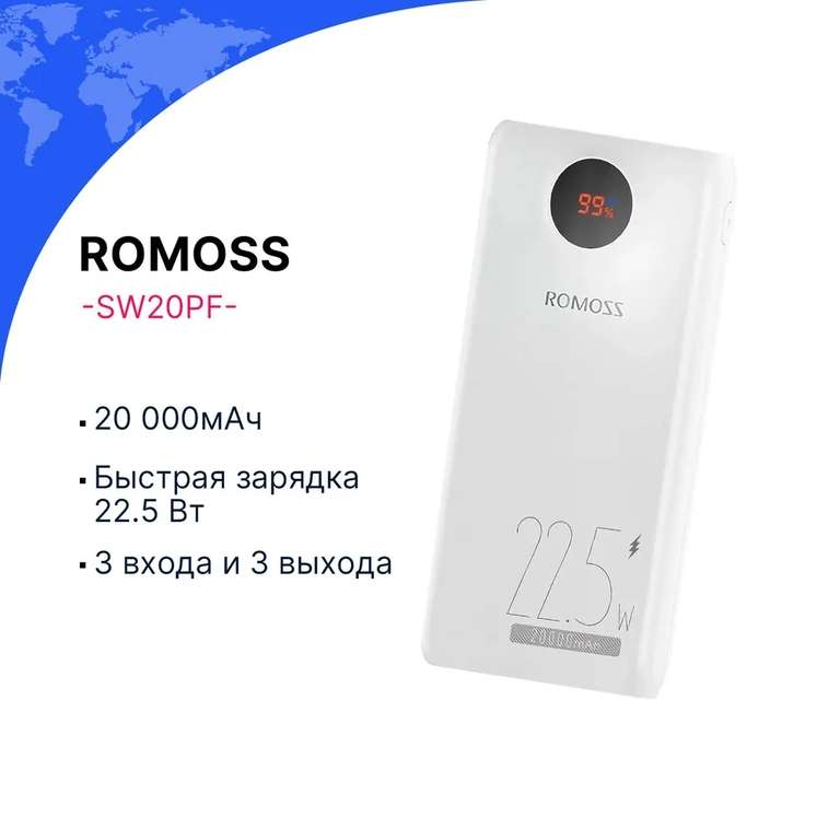 Внешний аккумулятор Romoss SW20PF, быстрая зарядка 22.5W, 20000mAh