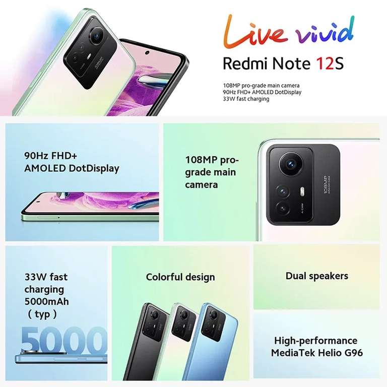 Смартфон Redmi Note 12S NFC, 8/256 ГБ (Helio G96, 6.43", AMOLED, FullHD+, 90 Гц)