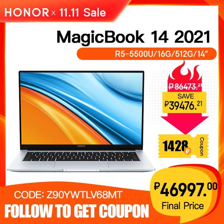 Ноутбук Honor MagicBook 14 2021 1Ryzen AMD R5 5500U,16 ГБ, 512 ГБ SSD IPS, 1920 × 1080