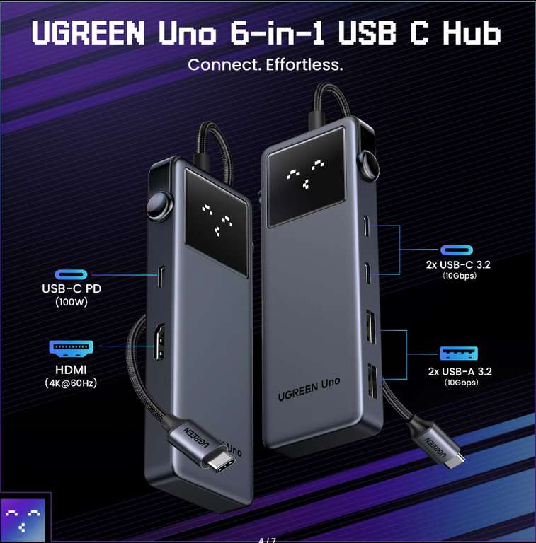 Адаптер для ноутбука/док-станция UGREEN CM888 Uno USB C Splitter 6-в-1 4K60Hz PD100W 10 Гбит/с