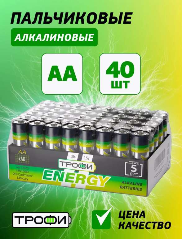 Батарейки щелочные пальчиковые AA Трофи Energy LR6-40 BULK 40 шт