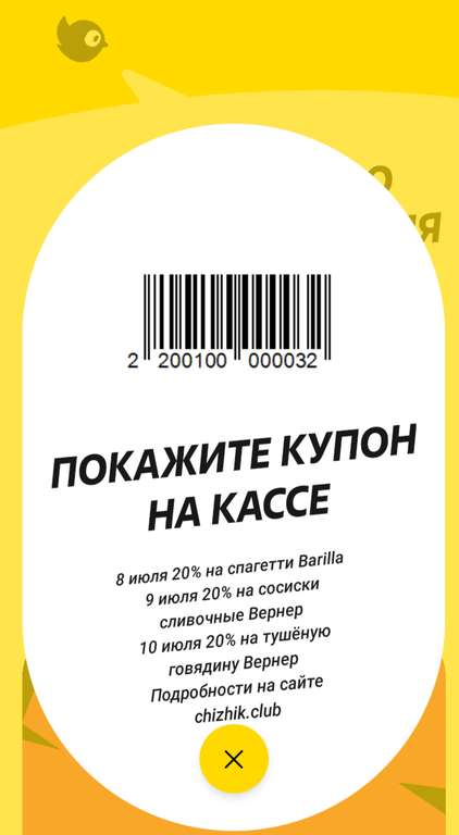 Чижик: «Скидка 20% по купону на определенные товары с 8 по 10 июля 2024 г»