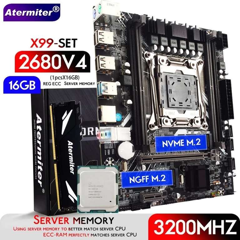 Материнская плата Atermiter X99 D4 LGA 2011-3 + E5 2680 V4 2,4 ГГц (14 ядер/28 потока) + 16 Гб DD4 (из-за рубежа, при оплате картой OZON)