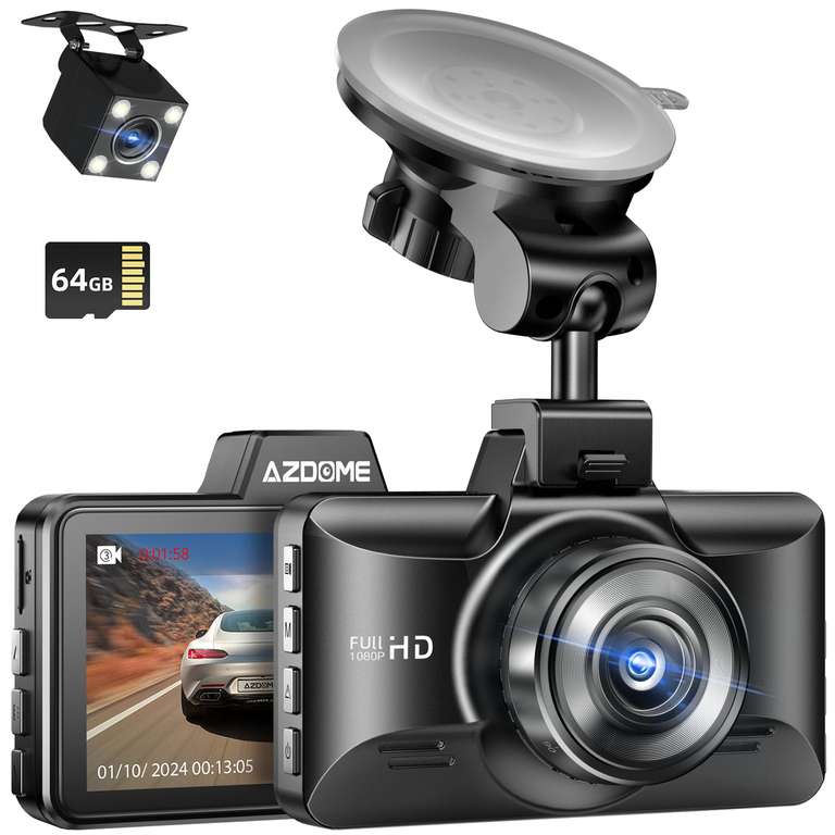 Видеорегистратор AZDOME M01 Pro (2 камеры, FullHD, дисплей IPS, ADAS) + MicroSD 64 ГБ