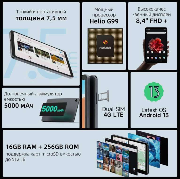 Планшет Alldocube iPlay 50 mini Pro 8.4" 8 ГБ+256 ГБ 4G (цена с ozon картой) (из-за рубежа)