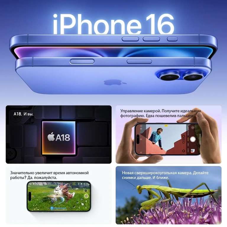 Смартфон Apple iPhone 16 A3288 8/128, из-за рубежа, по карте ОЗОН и подарок (зарядка+стекло+чехол)