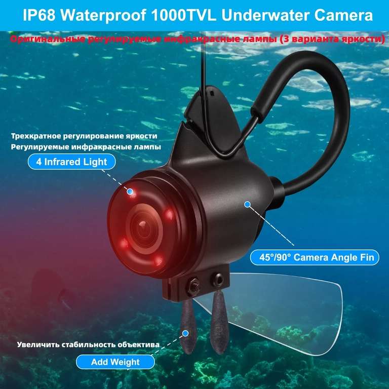 Камера для рыбалки (эхолот) MOQCQGR (4.3", DVR, ИК-подсветка, IPX68, 5000 мАч, Type-C)