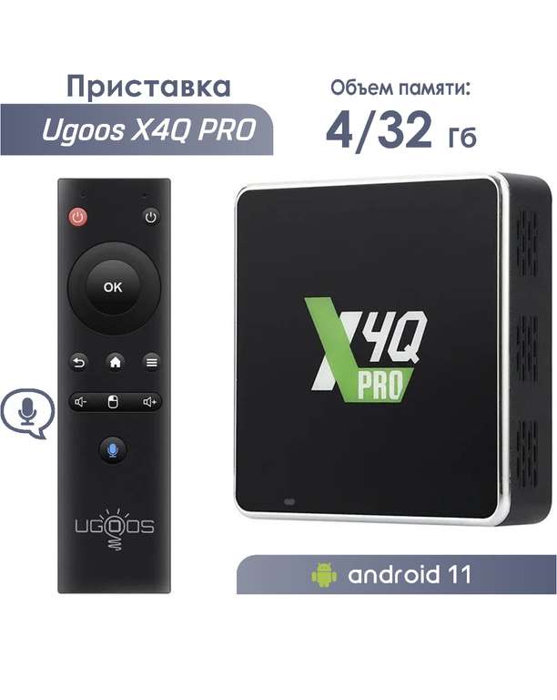 Смарт ТВ-приставка Ugoos X4Q PRO 4/32 Гб Amlogic S905X4 Android 11.0, пульт c гироскопом (из-за рубежа, с Озон картой)