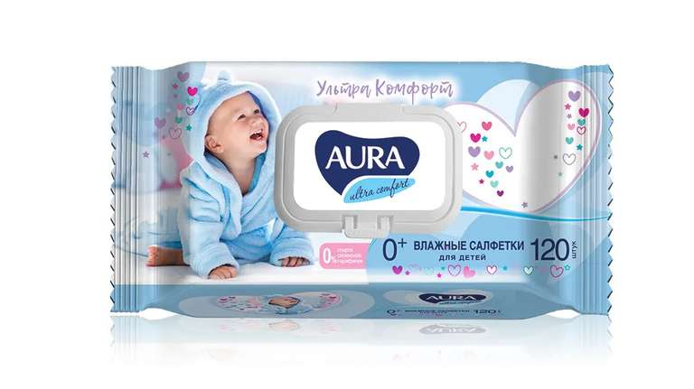 Влажные салфетки AURA детские 0+ с экстрактом алоэ и витамином Е ULTRA COMFORT с крышкой 720 шт (120х6) (цена с Ozon картой)