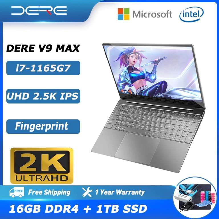 Ноутбук Dere V9 MAX, 15,6 дюйма, Intel Core i7-1165G7, 16 ГБ ОЗУ + ТБ SSD, 2,5 K IPS экран, компьютер, офис, Windows 11 ноутбук