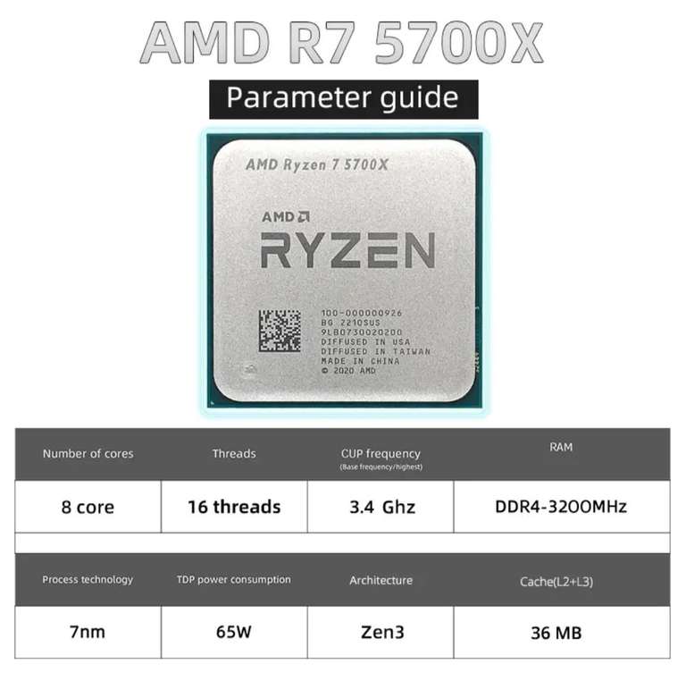 Процессор AMD Ryzen 7 5700X 3.4 ГГц, 8 ядер, 16 потоков