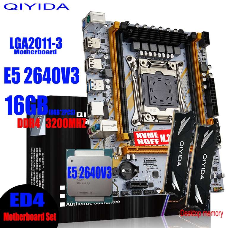 Комплект LGA 2011-3 Материнская плата + процессор + оперативка (QIYIDA X99, Xeon E5 2640 V3 - DDR4 16 Гб (2 шт. 8 ГБ) 3200 МГц