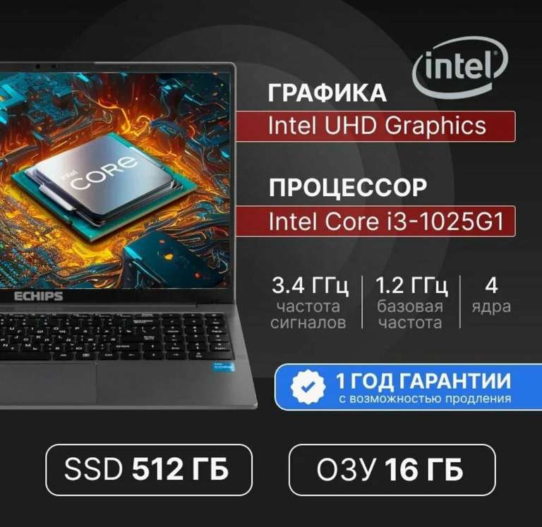 Ноутбук Echips Hot 15.6" 1920x1080 IPS Intel Core i3-1025G1 16GB RAM SSD 512GB Win 11 Pro (с картой Альфа)