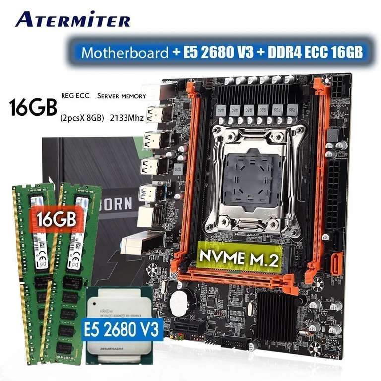 Материнская плата Atermiter X99 LGA 2011-3 + Intel XEON E5 2680 V3 2,5 ГГц + 16 Гб DDR4 2133МГц REG ECC NVME M.2