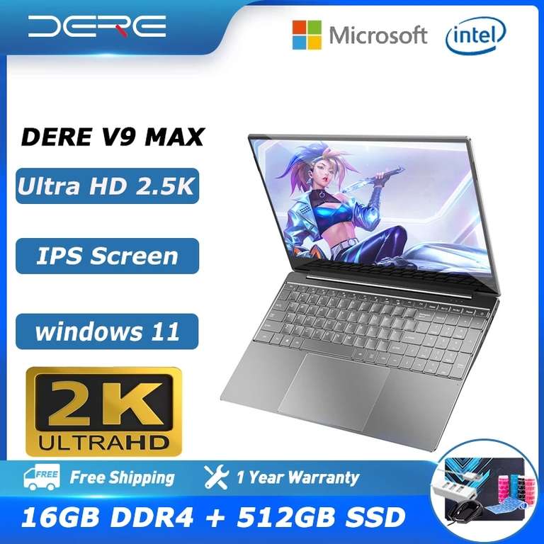 Ноутбук Dere V9 MAX, (15,6 дюйма, Intel Core i7-1165G7, 16 ГБ ОЗУ + 512 SSD, 2,5 K IPS экран win 11)
