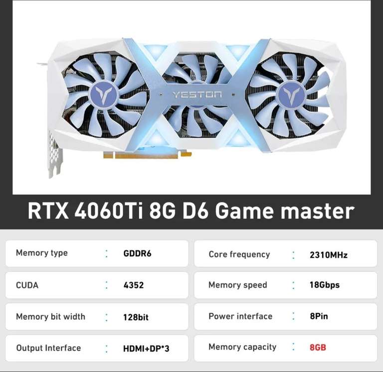 Видеокарта YESTON GDDR6 Rtx 4060 Ti 8G Nvidia GPU