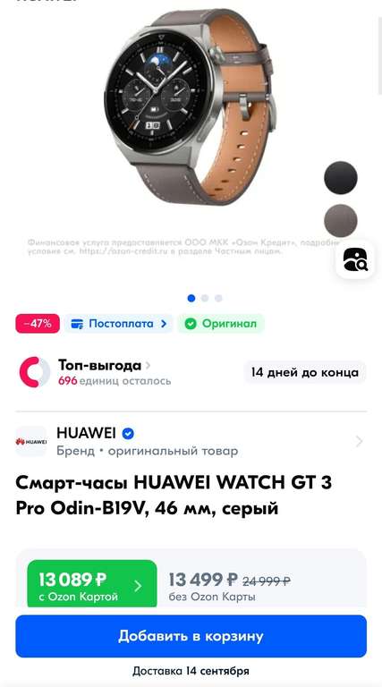 Смарт-часы HUAWEI WATCH GT 3 Pro Odin-B19V, 46 мм, серый (цена с ozon-картой)