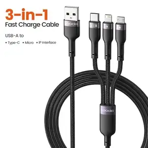 Зарядный кабель Toocki 3 в 1, micro USB/Type-C/Lightning, 6 А, 100 Вт, длина 1,2 м