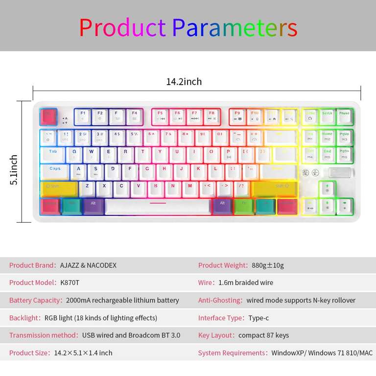 Клавиатура беспроводная механическая AJAZZ K870T (87 клавиш, TKL, RGB-подсветка, Bluetooth + usb-c, аккумулятор 2 Ач)