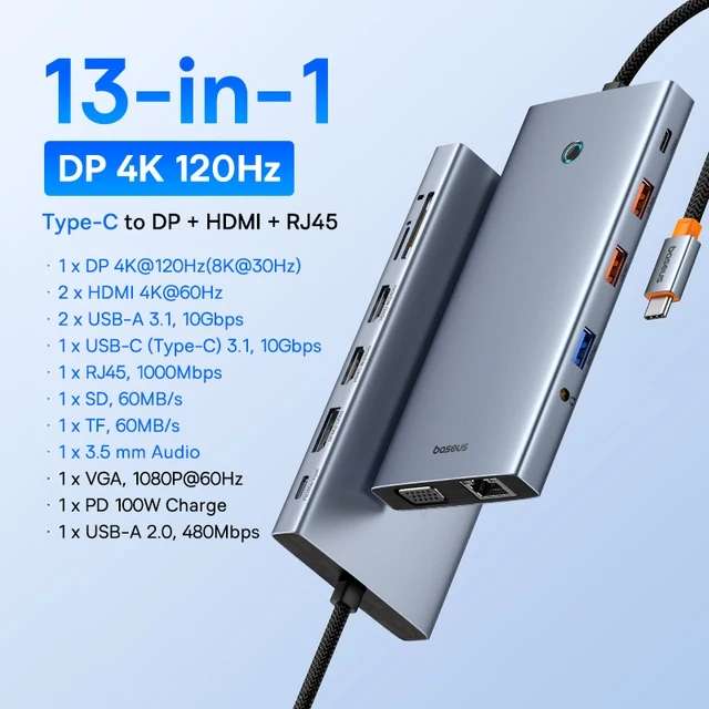 Разветвитель Baseus USB C на HDMI 4K @ 120 Гц, DP 4K 60 Гц, RJ45, VGA