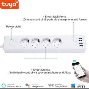 Умный WIFI удлинитель Tuya с 4 вилками и 4 usb-портами (1511₽ с монетами и при оплате картой Тинькофф)