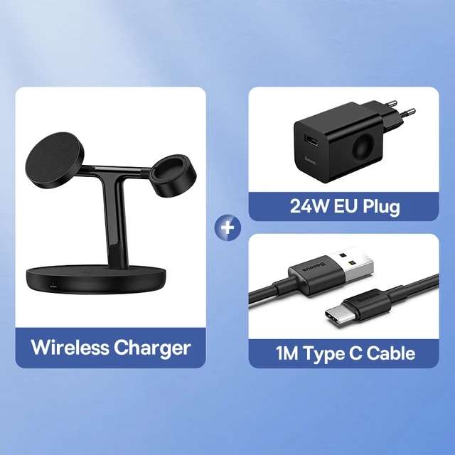 Магнитное зарядное устройство Baseus BS-W527 + кабель USB-C, 1 м + блок зарядки, 24 Вт