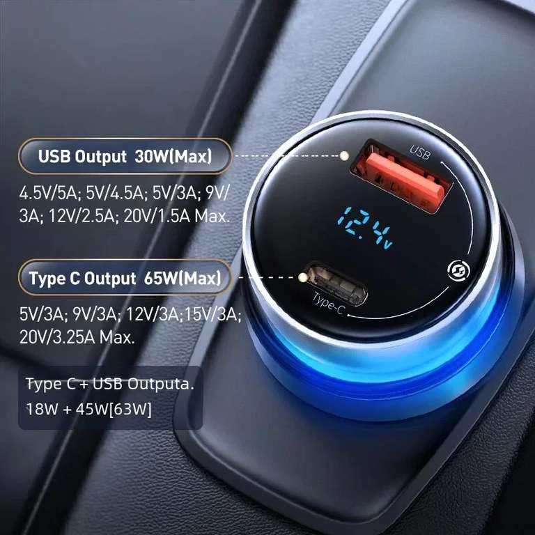Автомобильное зарядное устройство Baseus 65 Вт PD QC 4,0 QC 3,0 USB + type-C