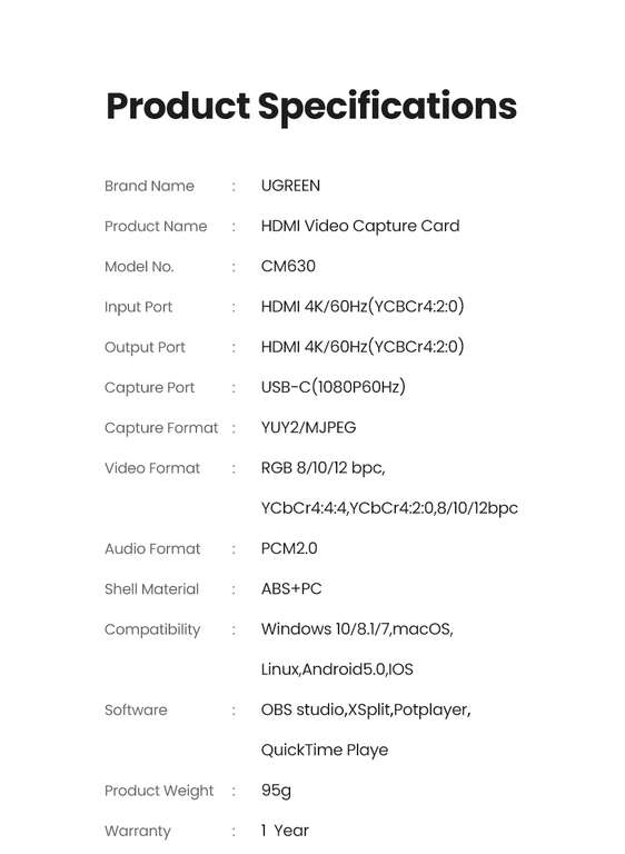 Карта видеозахвата UGREEN (CM630) HDMI USB/Type-C