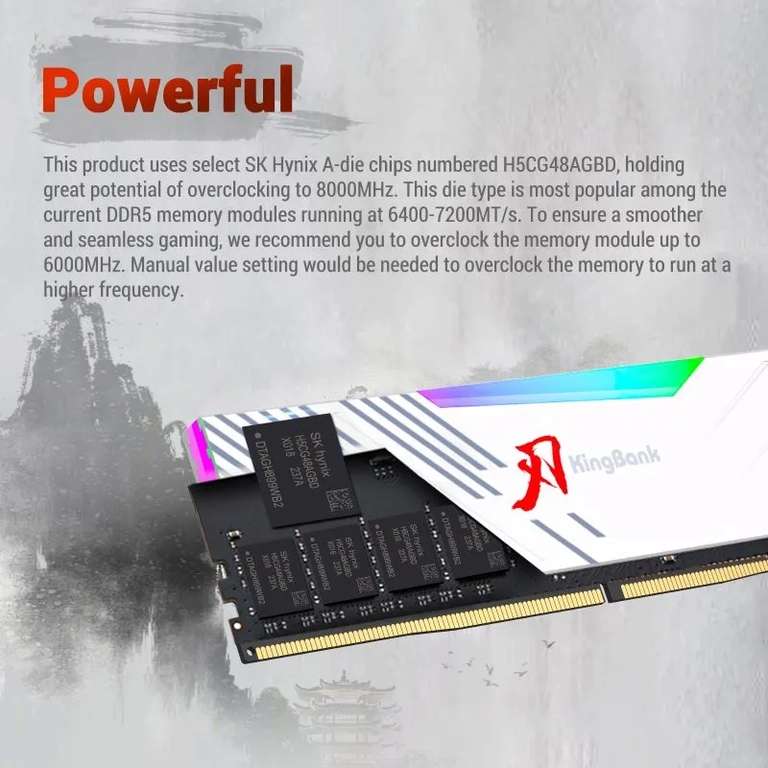 Оперативная память KingBank DDR5 6400 МГц, 32 Гб (16x2) Hynix A-die, 1,4 В CL32, RGB