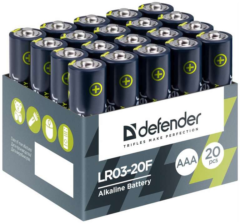 Батарейки алкалиновые Defender LR03-20F AAA, 20 штук