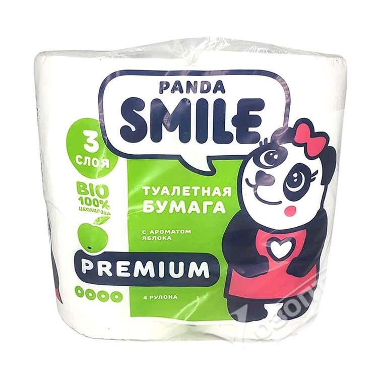 Туалетная бумага Panda Smile, 3 слоя, 4 рулона, с ароматом яблока