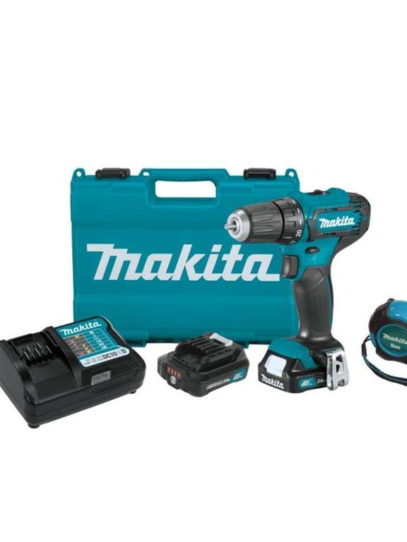 Набор инструментов Makita KIT013 включает аккумуляторную дрель-шуруповёрт 12 Вольт DF333DWYE и фирменную измерительную рулетку PGC-80520