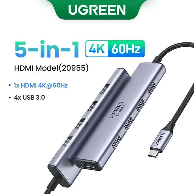 USB-концентратор UGREEN cm478 (20955) 5 в 1, HDMI 4К 60 Гц, 4 х USB 3.0