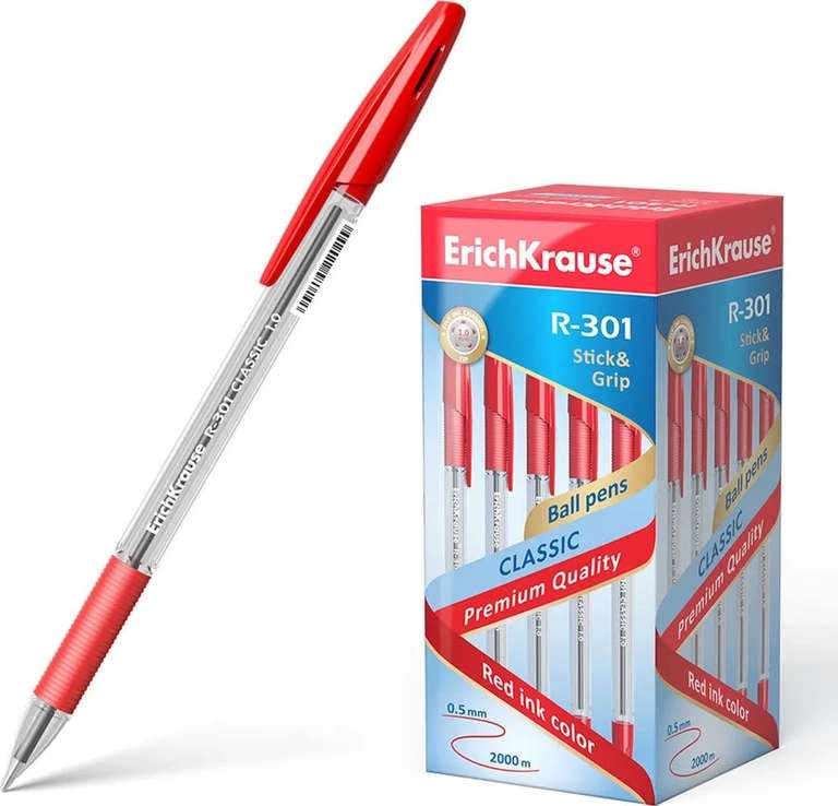 Ручка шариковая ErichKrause Classic Stick&Grip R-301, 1.0 мм, красный, 50 шт. (294 ₽ при оплате Ozon Картой)