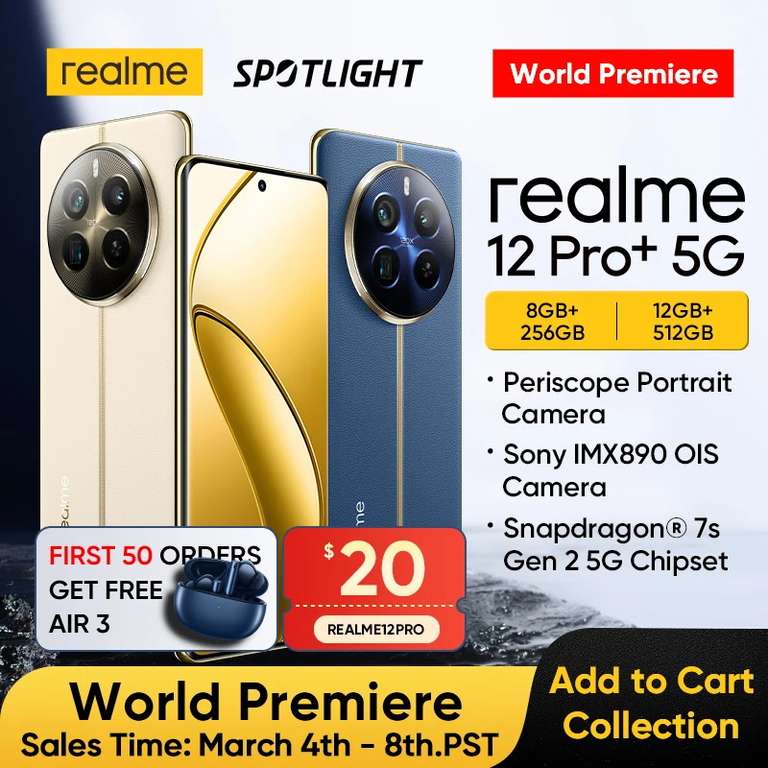 Смартфон Realme 12 Pro+ Русская версия, 8/256 Гб, бежевый и синий.