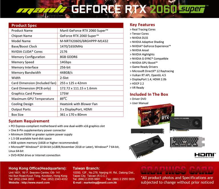 Видеокарта DICASVER (Manli) GeForce RTX 2060 SUPER 8 ГБ (из-за рубежа, по Ozon карте)