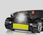 Фонарь налобный светодиодный аккумуляторный, чёрный пластик ABS, на резинке.