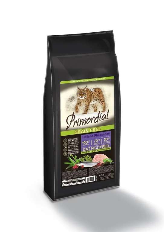 Сухой корм для кошек Primordial GRAIN FREE для стерилизованных, беззерновой, индейка и сельдь, 6 кг